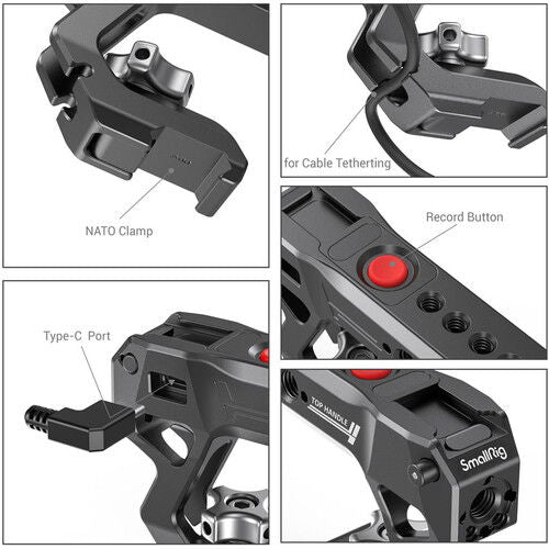 NATO clamp top handle detail with Type-C port and red record button