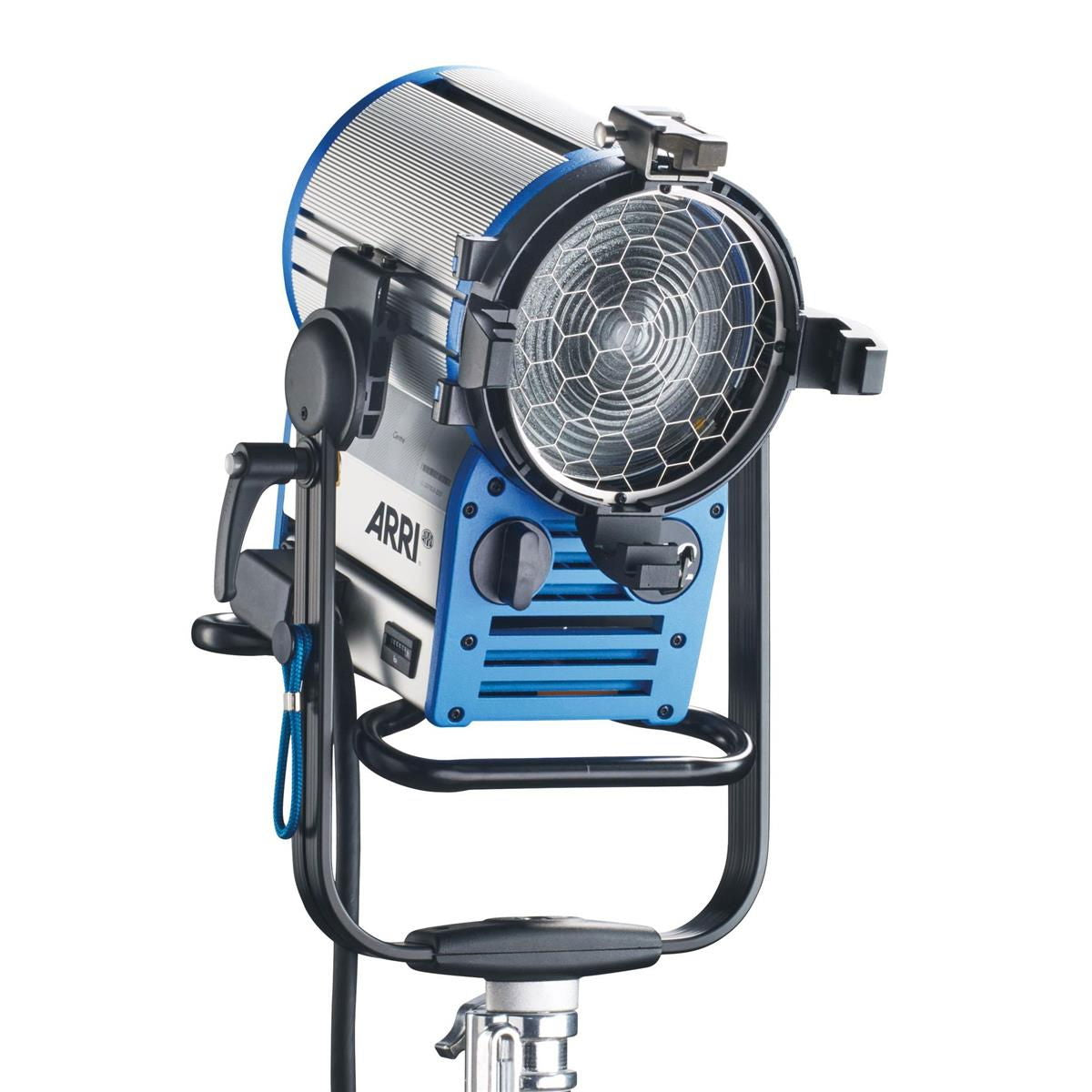 Blue ARRI Fresnel HMI spotlight with honeycomb lens and side controls