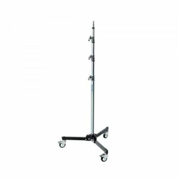 Lighting stand roller base with tall metal pole and caster wheels