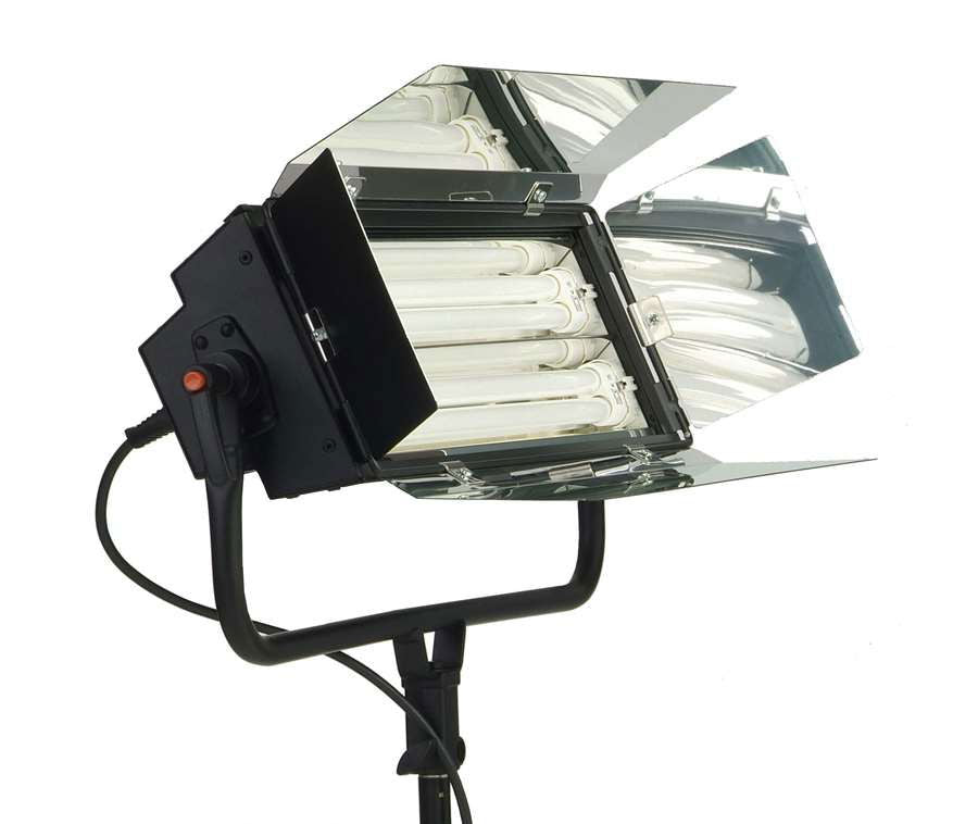 Black studio light with open reflector panels showing white lamp tubes