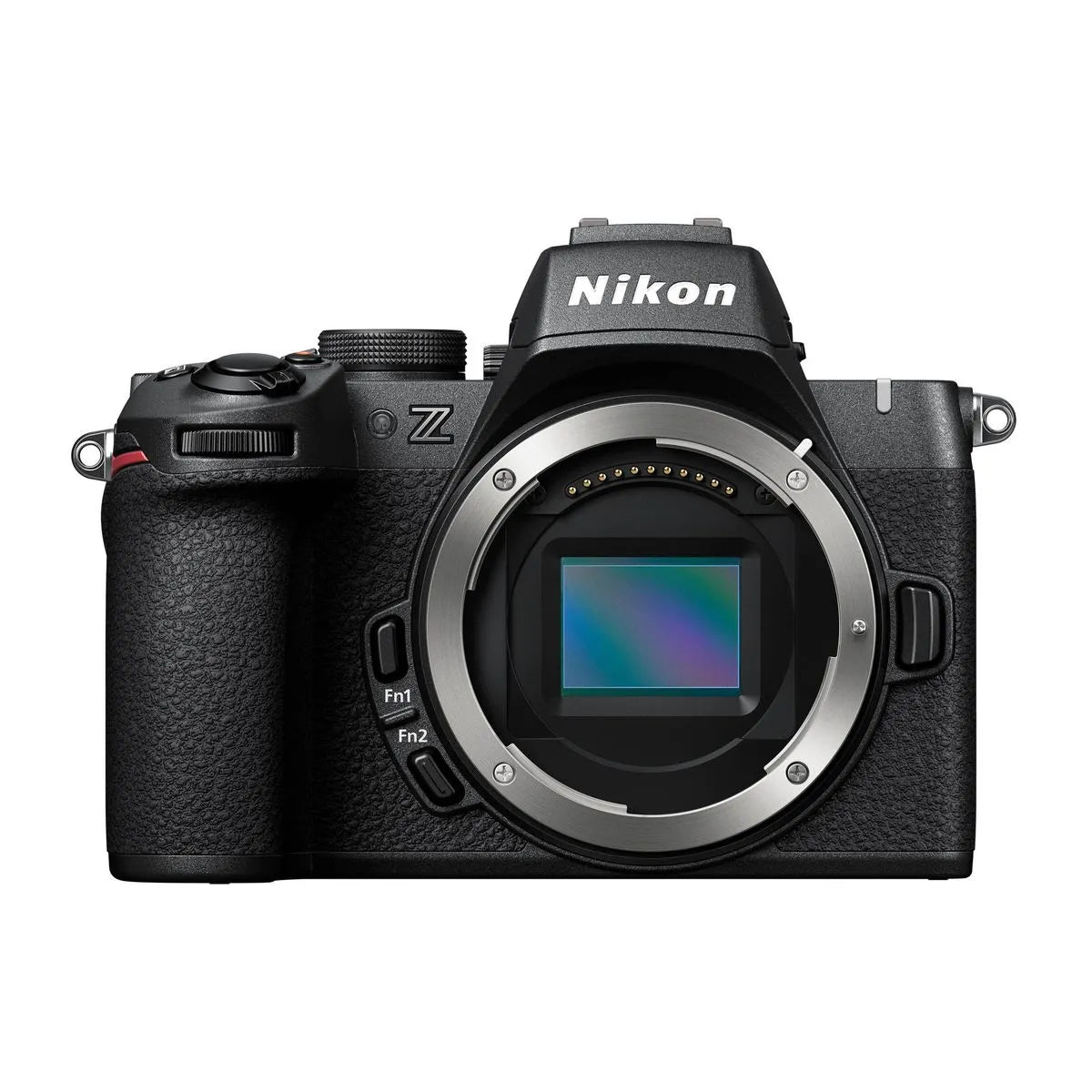 Mirrorless camera front showing lens mount and visible sensor cover window