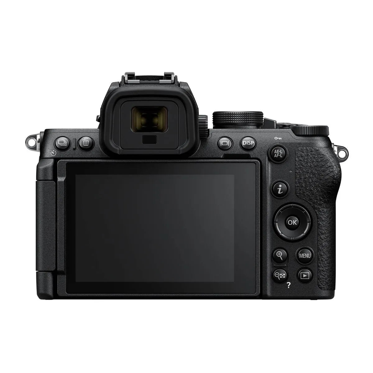 Mirrorless camera rear view with large LCD screen and control buttons