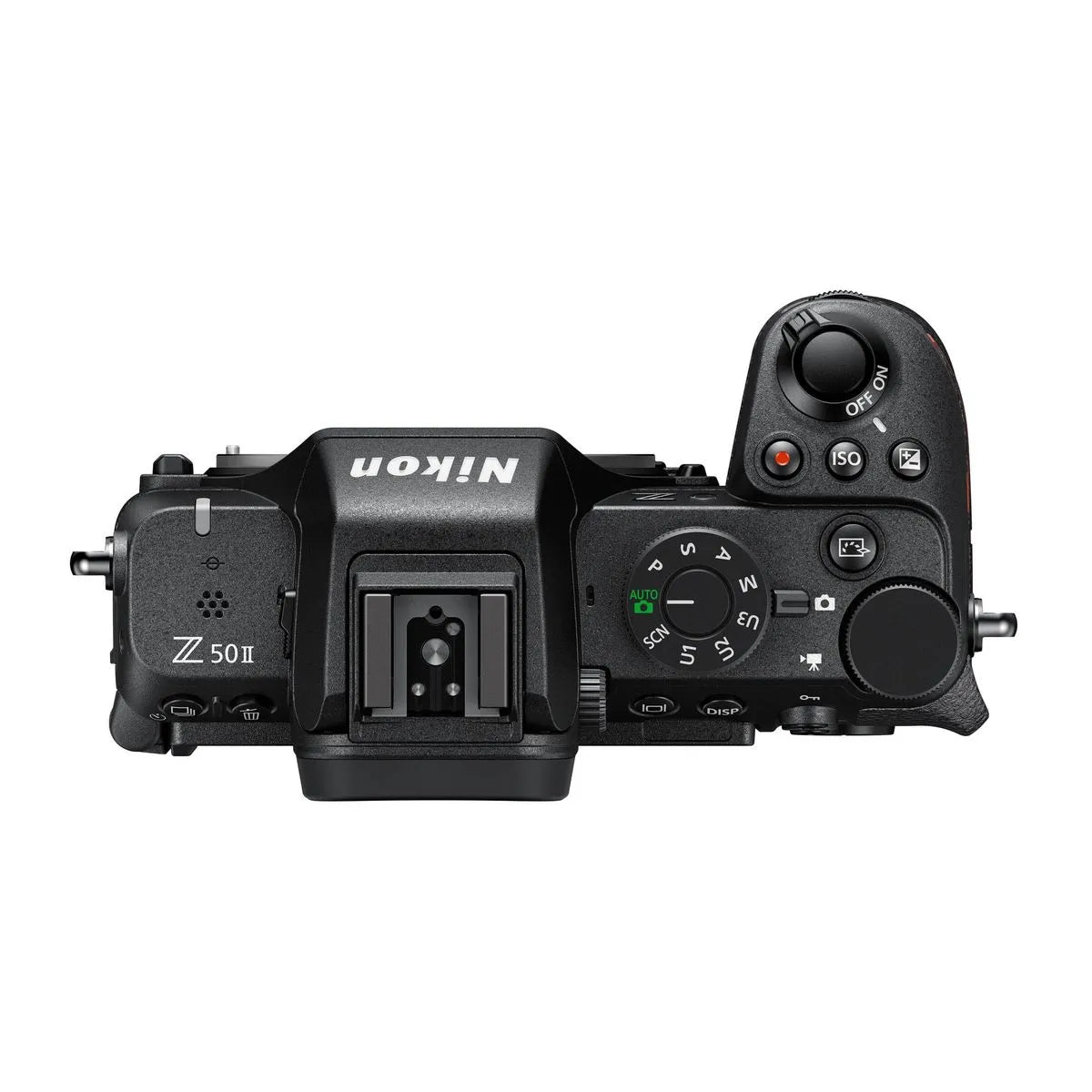 Mirrorless camera top view with mode dial and command controls