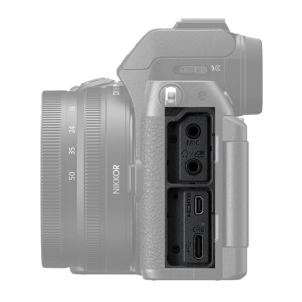 Light-colored camera side close-up with MIC and charging ports beside 16-50mm lens
