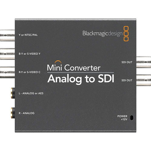 Mini Converter Analog to SDI rear panel with labeled SDI out ports and 12V power