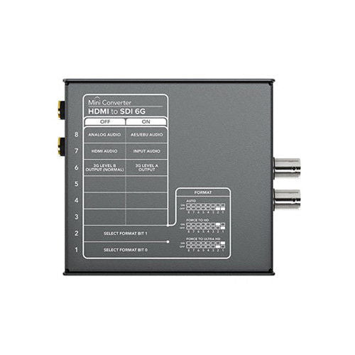 HDMI to SDI 6G mini converter rear panel with switch controls and BNC output ports