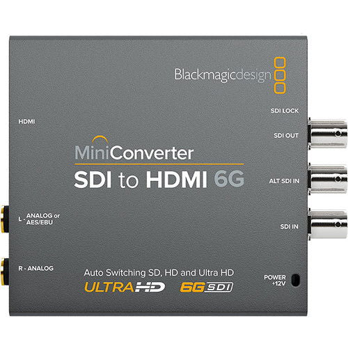 SDI to HDMI 6G mini converter side view with SDI/HDMI ports and power input label