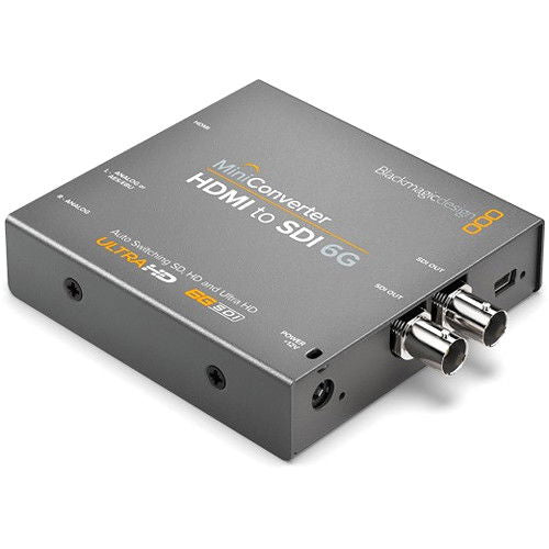 Black HDMI to SDI 6G mini converter with two BNC SDI ports and power connector
