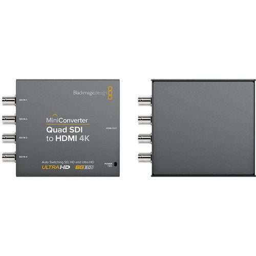 Quad SDI to HDMI 4K converter rear/side ports and labels, dark gray panel