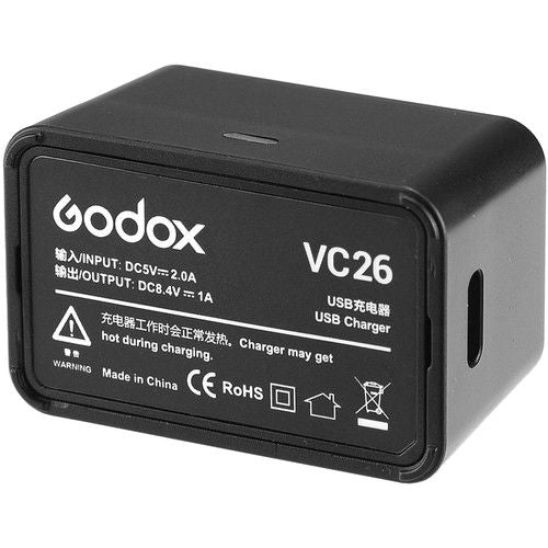 Încărcător USB VC26 pentru baterie V1, etichete și port USB pe spate