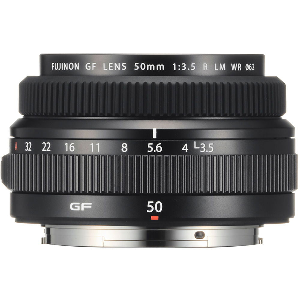 Black 50mm f/3.5 mirrorless lens with textured focus ring and engraved aperture scale