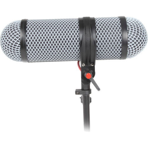 Protecție blimp shotgun 330mm, plasă gri cu curele negre și clapet roșu