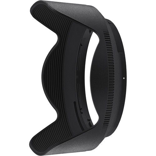 Black lens hood for 24-200mm zoom lens, side profile view