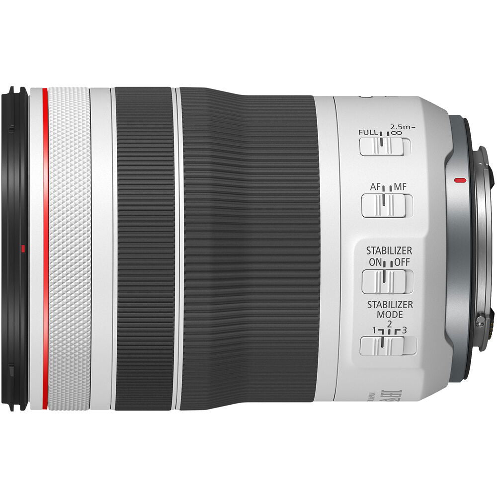 Close side view of 70-200mm F4 lens with textured barrel and control buttons