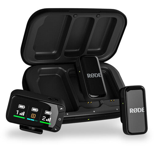 Kit microfon wireless RØDE cu cutie deschisă și 3 module negre, cu LED-uri