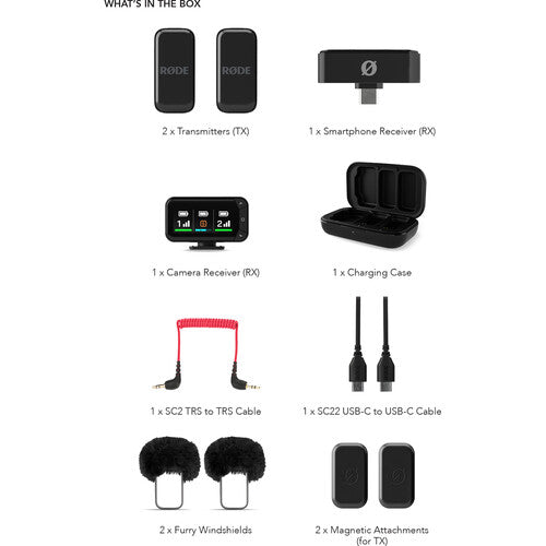 Set microfoane wireless Rode: 2 transmițătoare, receptoare, husă și cabluri