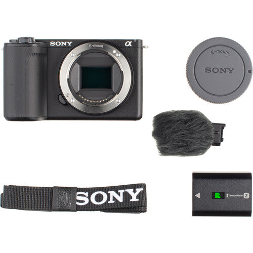 aparat foto mirrorless Sony ZV-E10 II cu capac E-mount, microfon tip blană și curea
