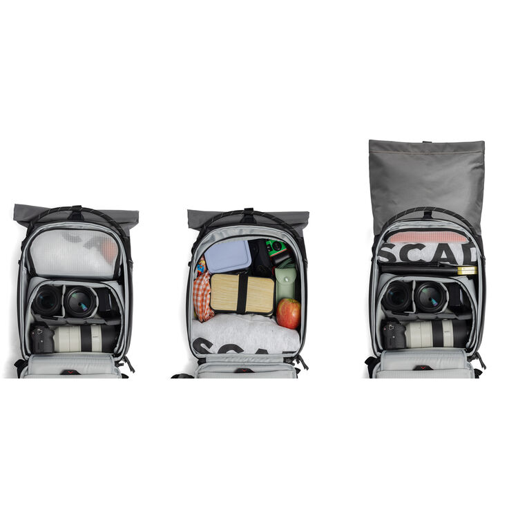 Rucsac foto deschis, cu compartiment pentru cameră și accesorii, vedere din față