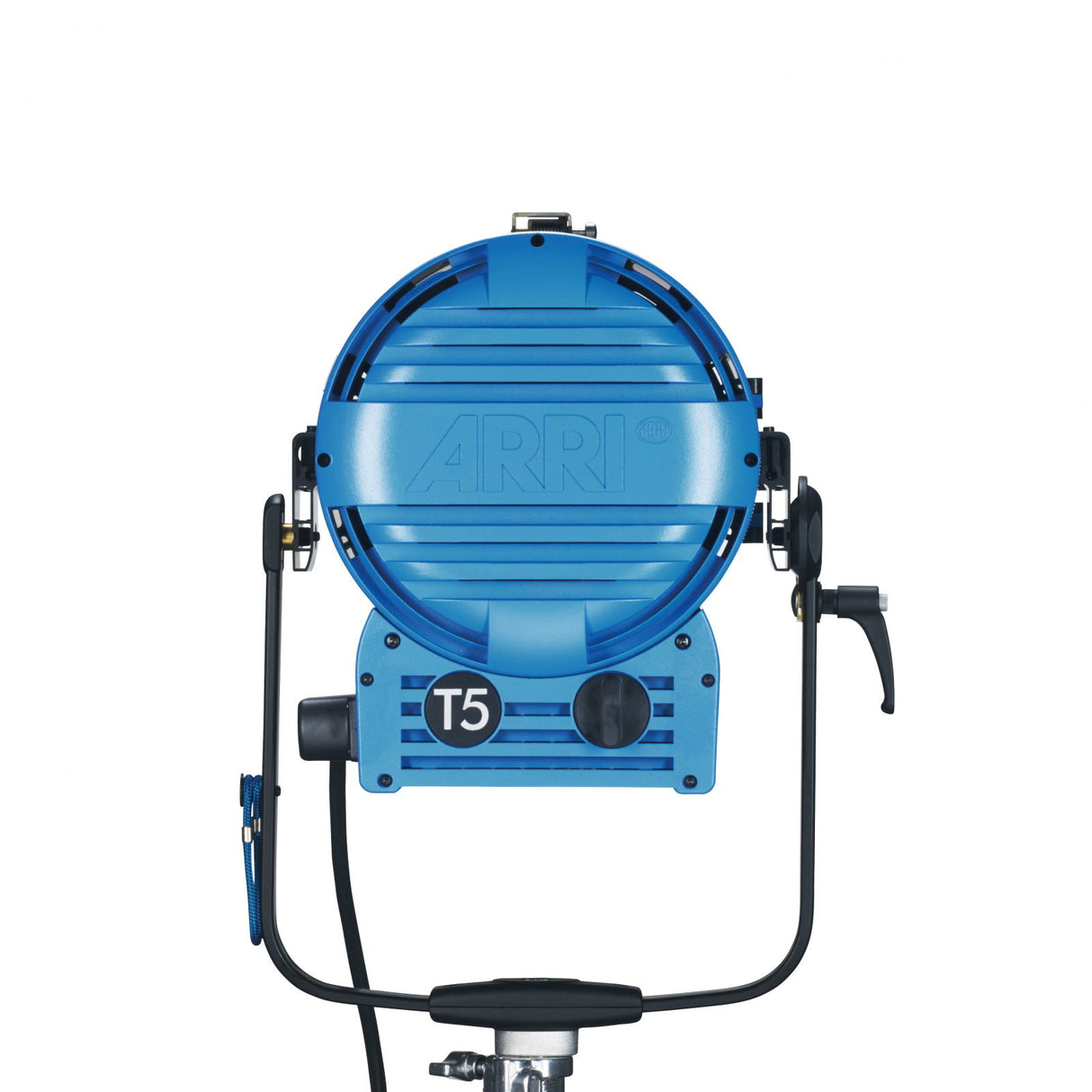 Blue T5 spotlight back view with protective grille and black support legs