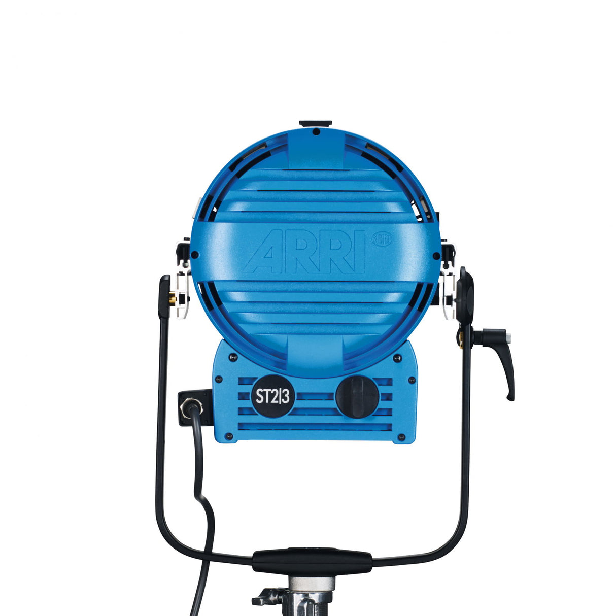 Blue stage light front view with circular reflector and protective grille