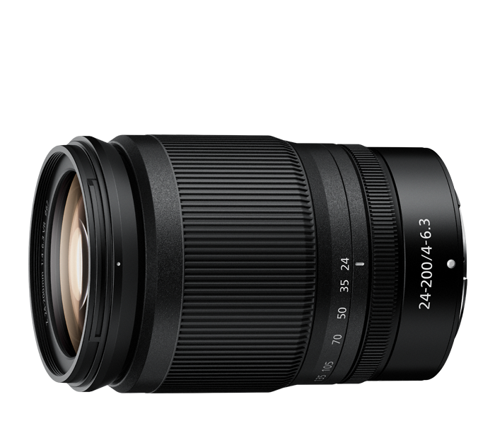 Black 24-200mm f/4-6.3 VR zoom lens angled view, textured barrel and markings