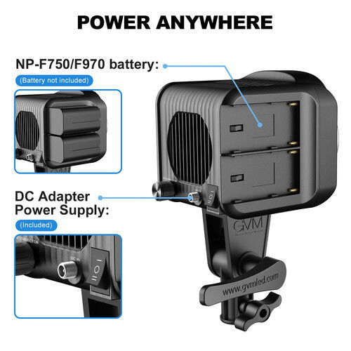 LED light power ports with DC adapter/battery tray mount and side connections