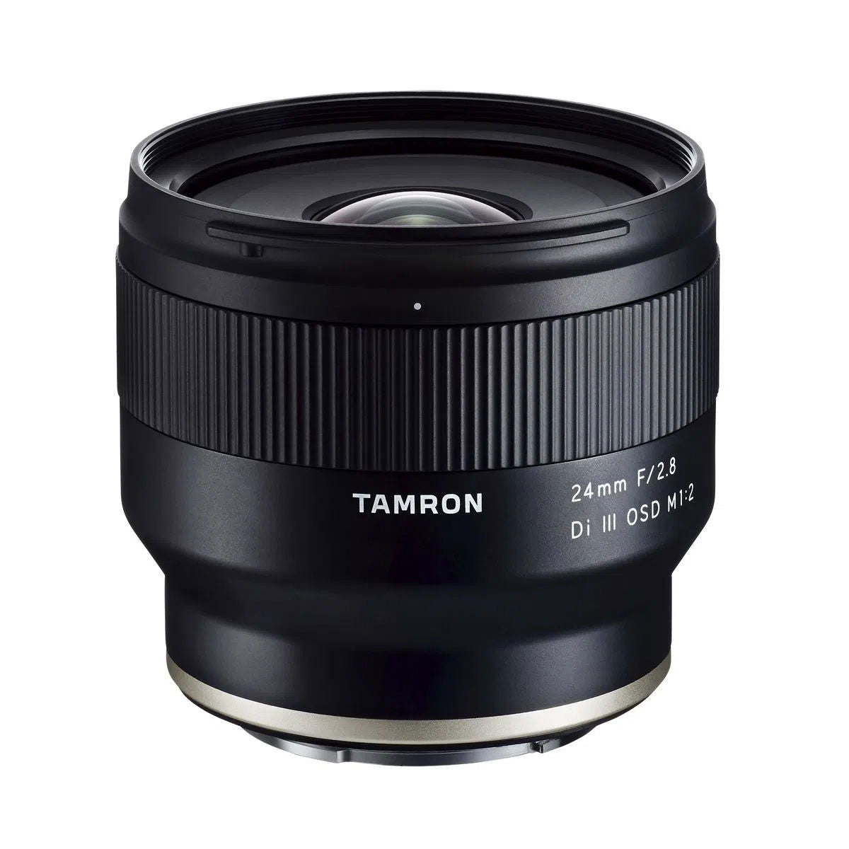 Black Tamron 24mm f/2.8 Di III OSD lens barrel with textured sides