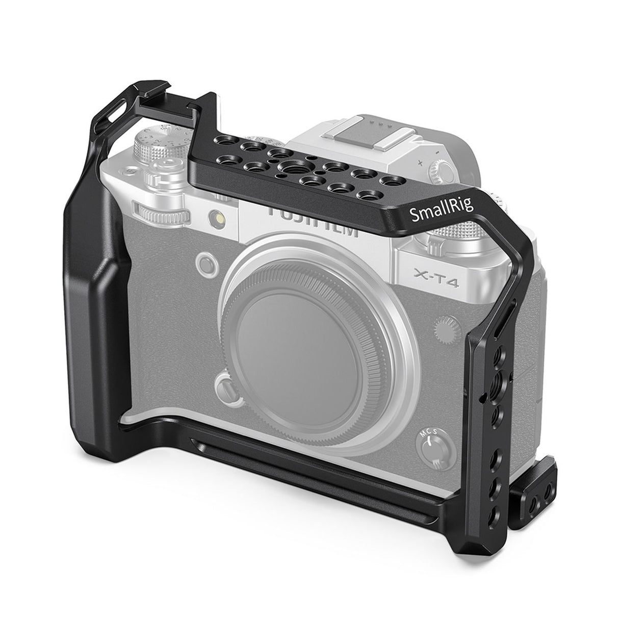 Black camera cage for Fujifilm X-T4 with top handle and multiple mounting holes