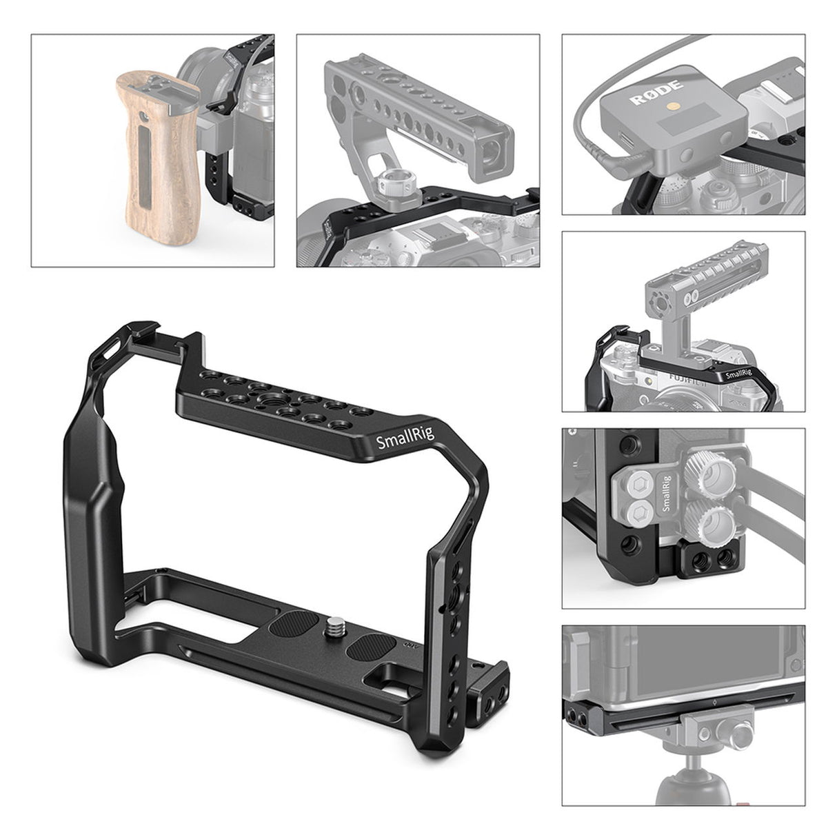 Camera cage accessory with top plate and side rails, showing mounting points