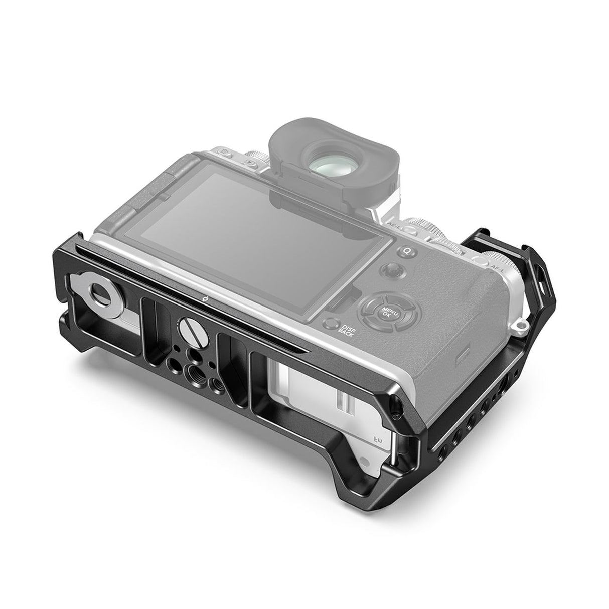 Black camera cage mounted on Fujifilm X-T4 body with front cutouts and side ports
