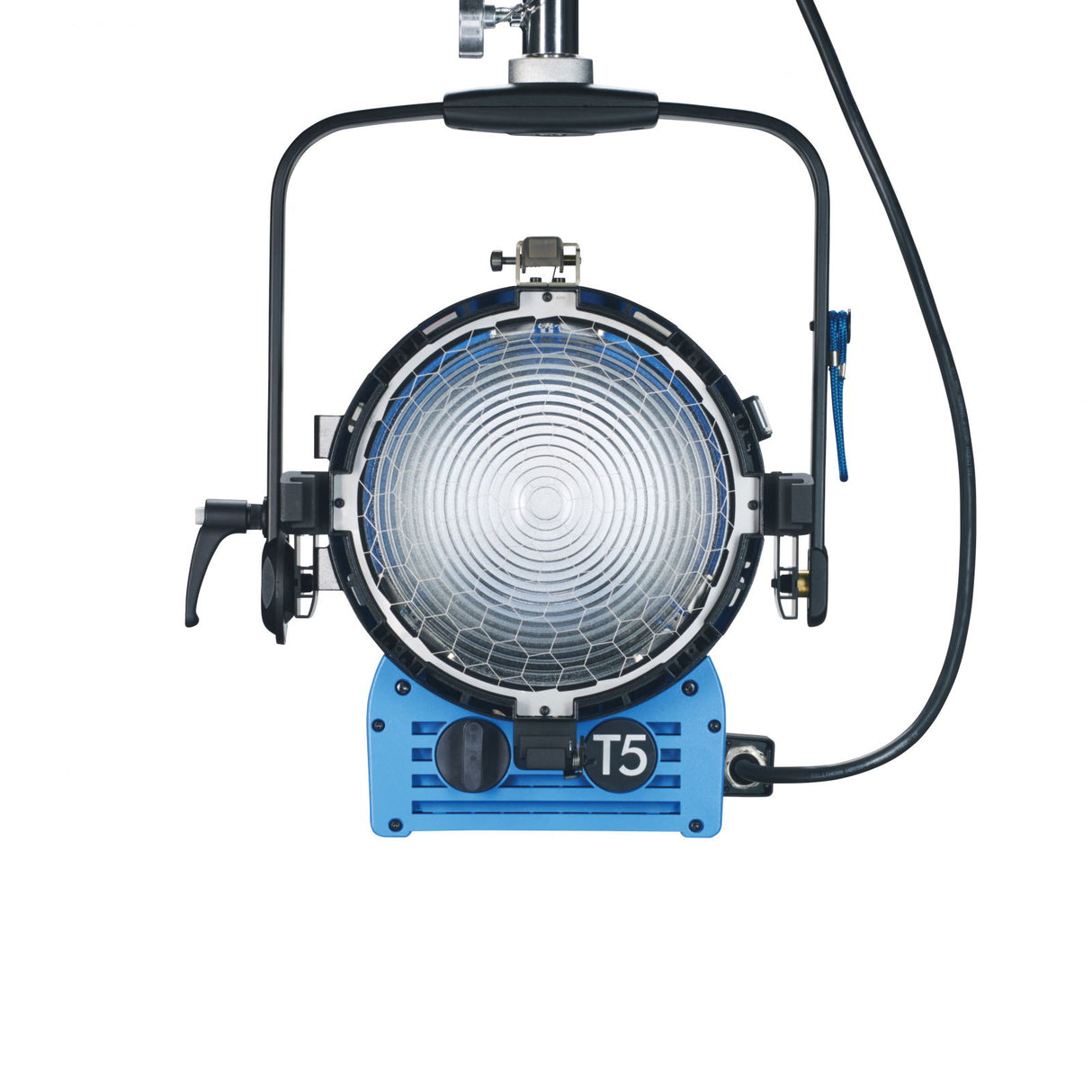 Front top view of ARRI T5 spotlight with grille, lens opening, and control knob