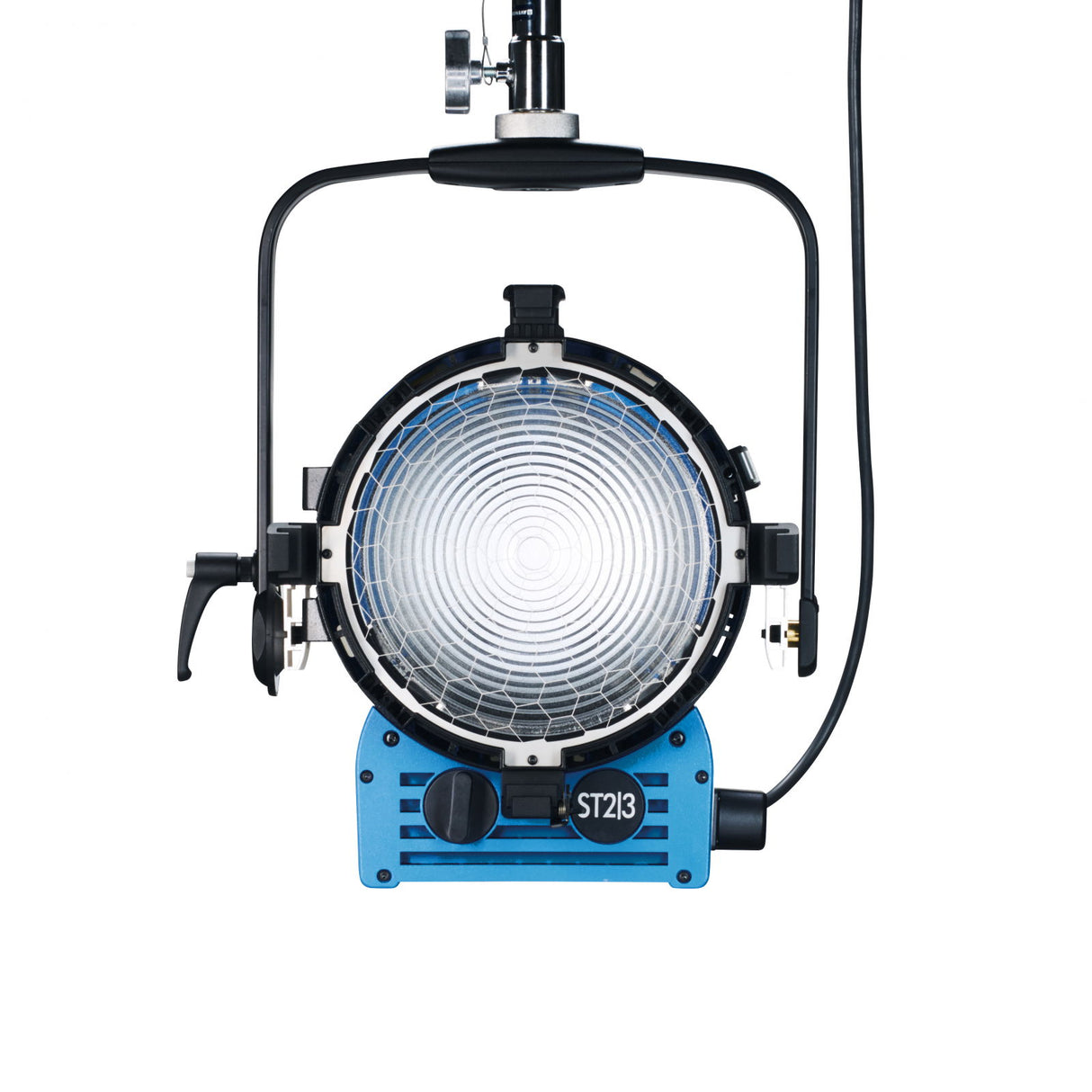 Stage lighting fixture with open front reflector and overhead support yoke