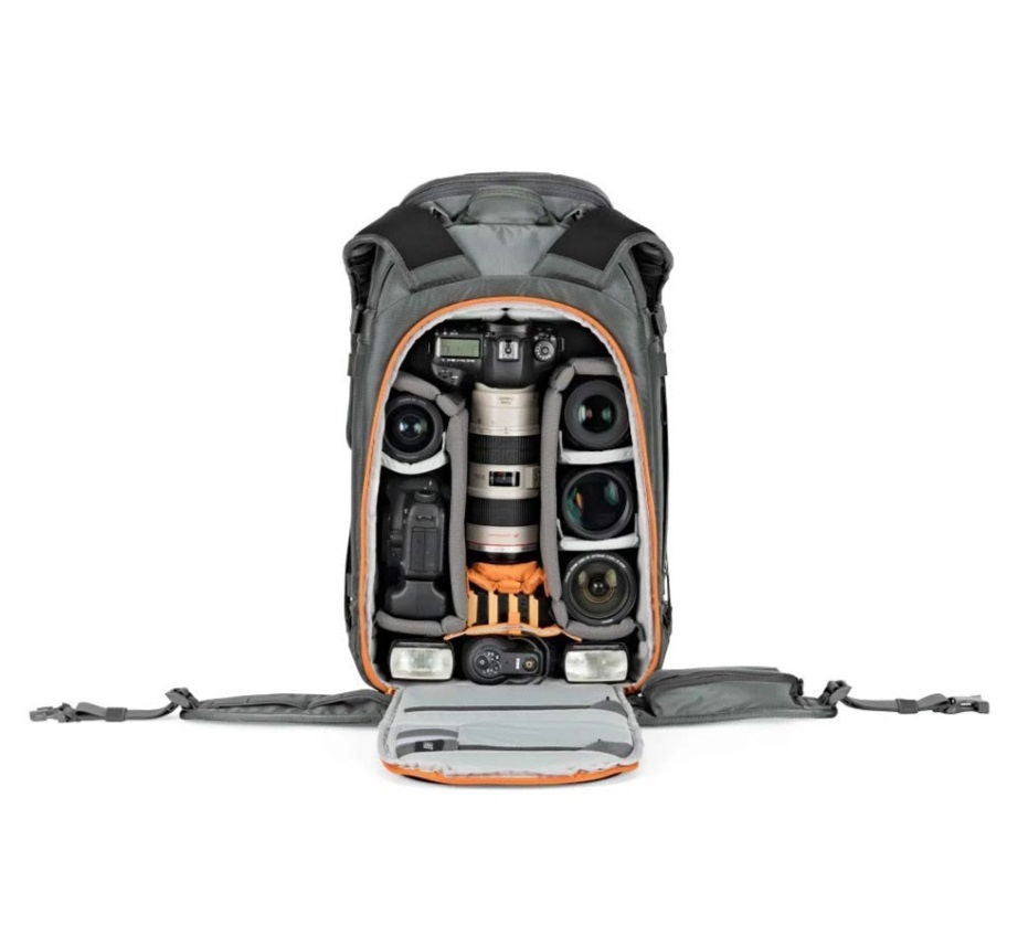 Gray photo backpack open, showing padded camera compartments and lens dividers with orange trim
