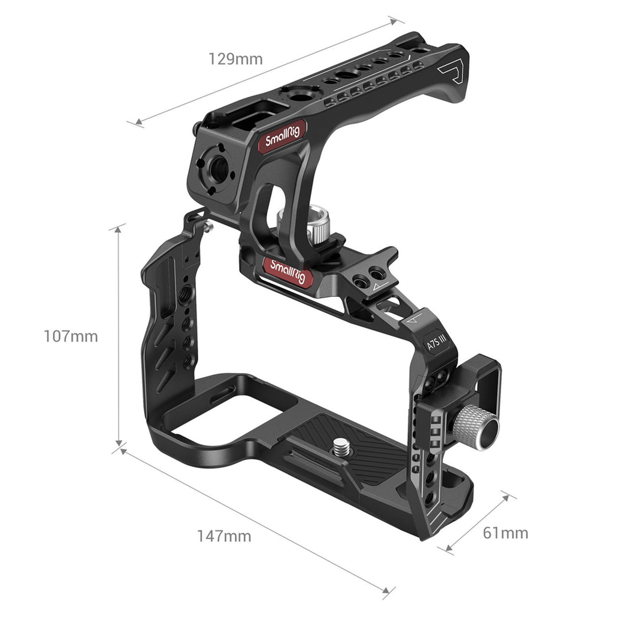 Camera cage frame with dimensions (129mm, 107mm, 147mm, 61mm) and handle mount