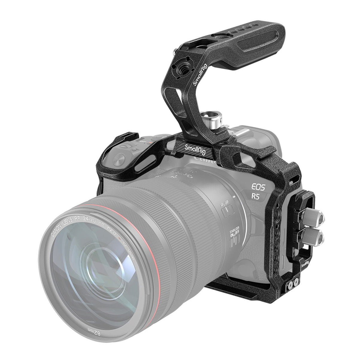 Black camera cage rig for EOS R5/R6, top handle and side mounting slots