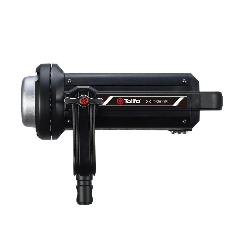 Proiector LED portabil Tolifo SK-D3500SL, vizual lateral, cap negru cu suport.