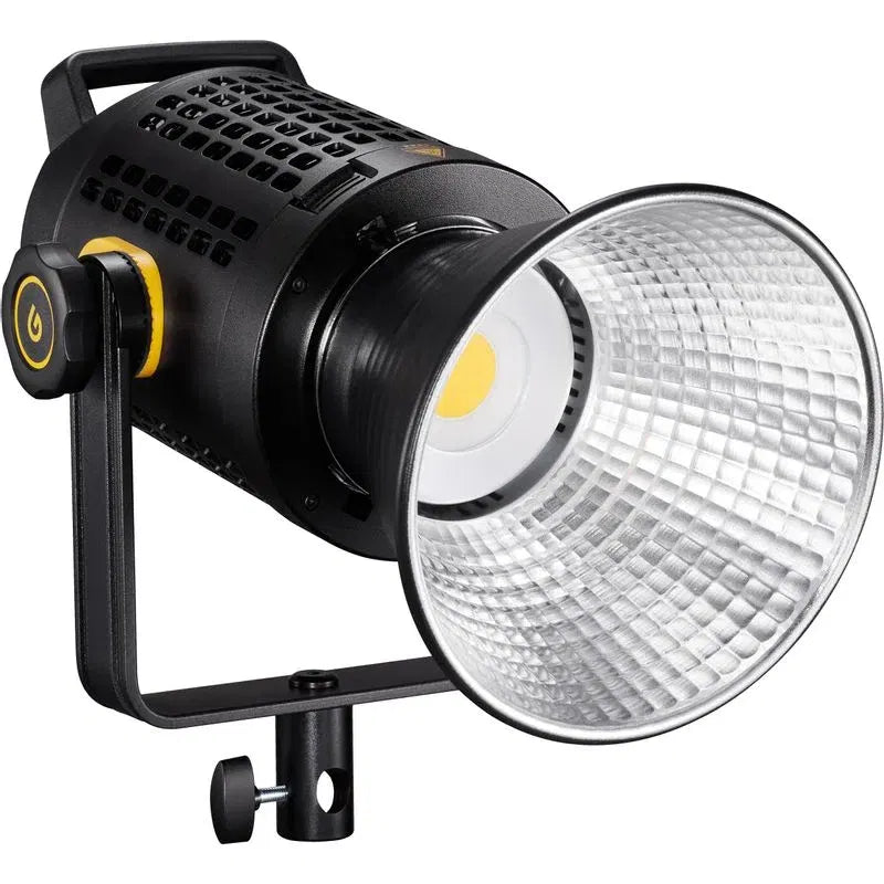 Black LED video light with silver reflector, side power dial, adjustable tripod stand