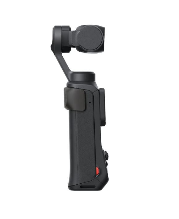 Cameră gimbal Insta360, vedere laterală cu butoane și suport pliabil, neagră