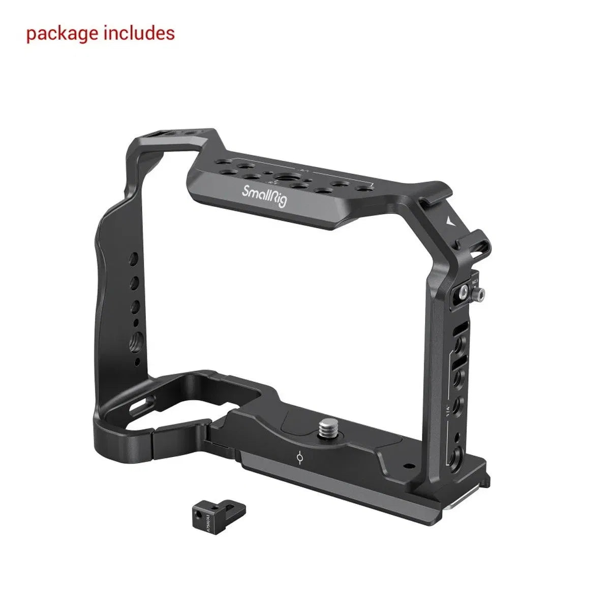 Black full cage frame with base plate and small included accessory piece
