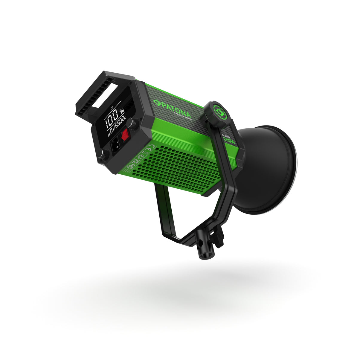 Lampă LED COB bi-cromatică cu ventilator/grilaj verde și ecran negru pe lateral