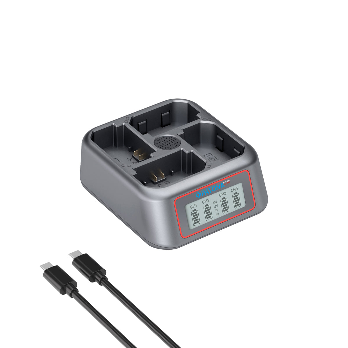 Încărcător cu 4 canale pentru baterii Sony NP-FZ100, cu 2 cabluri USB-C