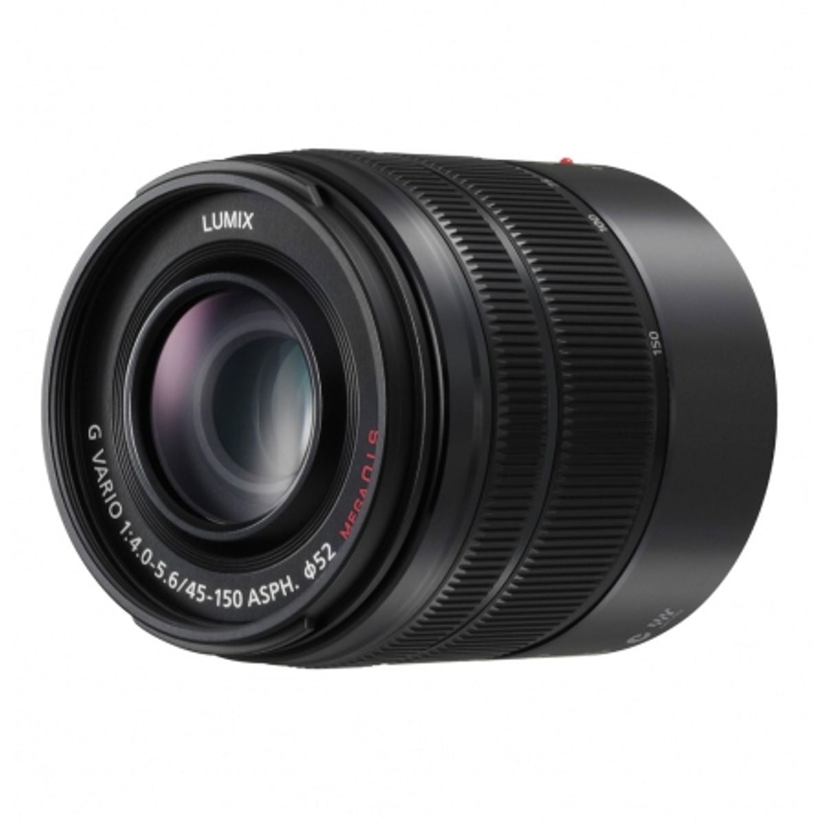 Black 45-150mm MFT zoom lens with front glass and ribbed barrel