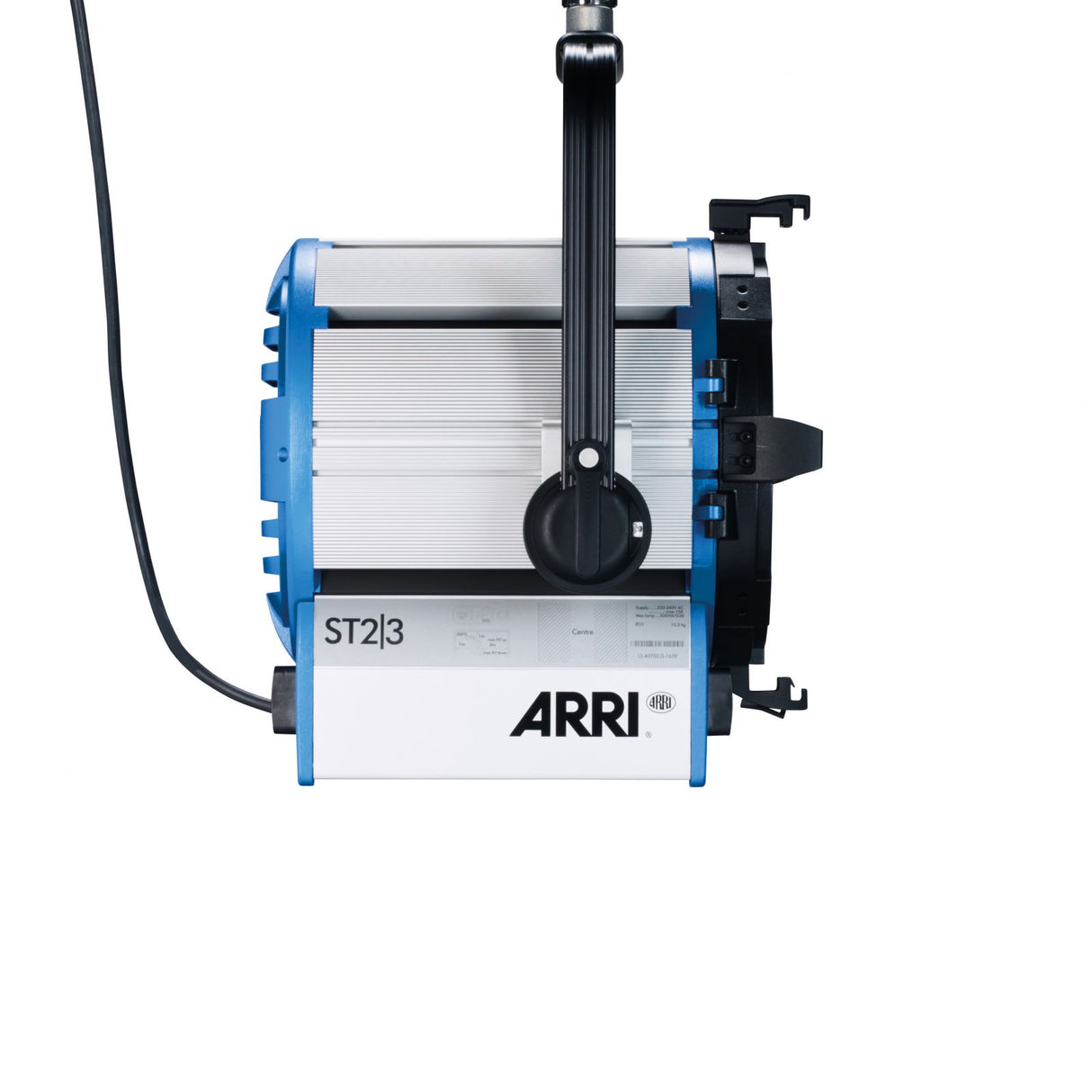 Close-up blue and silver stage light body with ARRI label and hanging power cable