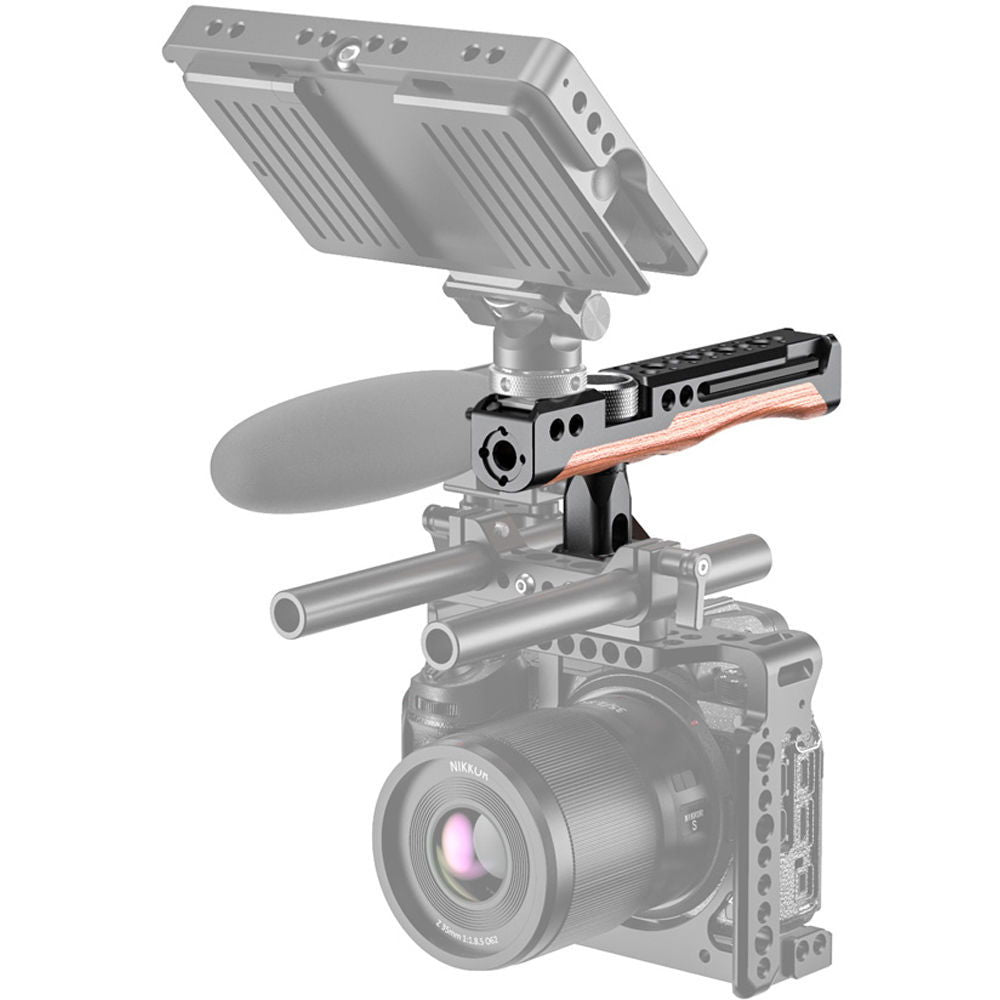 SmallRig rotating NATO handle mounted on camera, wood grip and side ports