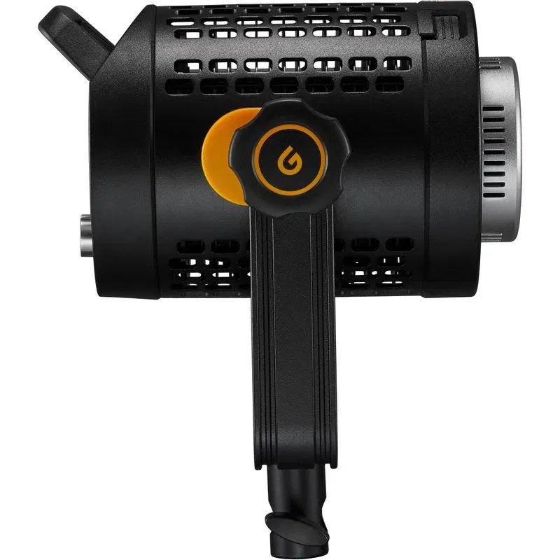 Rear view of black LED video light with power knob, vented housing, metal ring