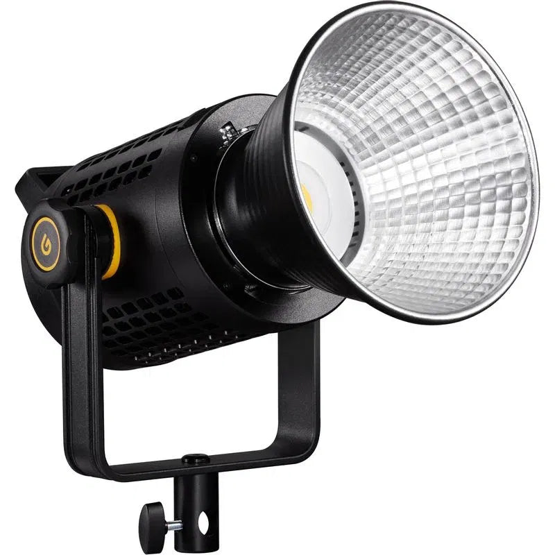 Black LED video light with silver reflector and front cooling grille on adjustable stand