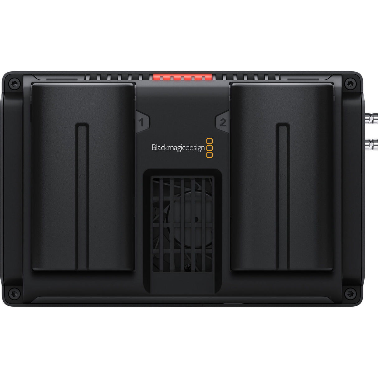 Rear view of black 5-inch recorder monitor with open media bay and vents