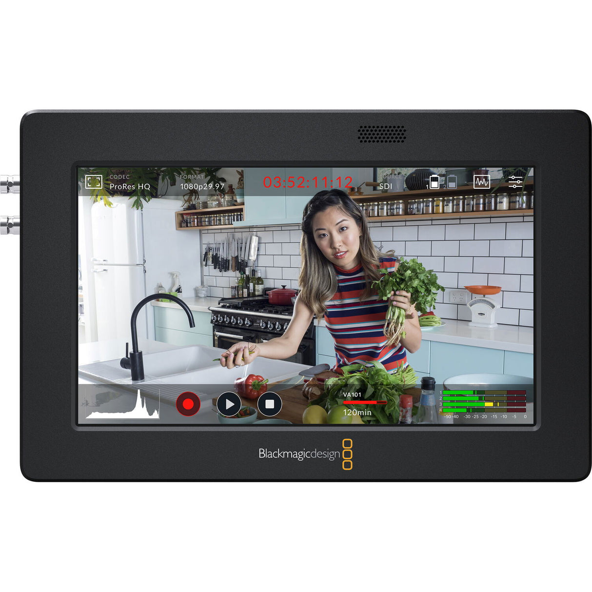 Black 5-inch recorder monitor showing video playback screen and controls
