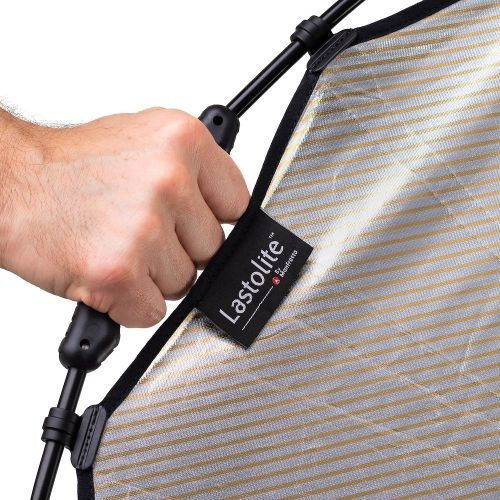 Hand gripping striped reflector panel with rods and tag label