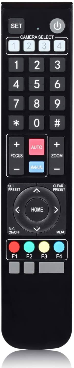 Black remote control with numeric keypad for PTZ camera setup and presets
